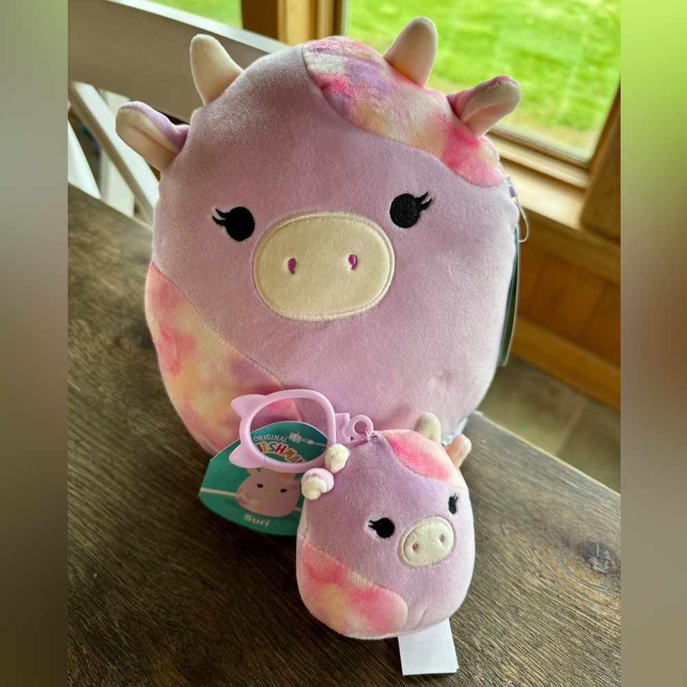 Set Of 2 Squishmallows Suri the Sunset Cow First to Market 3” & 8” Purple Pink - Picture 1 of 2
